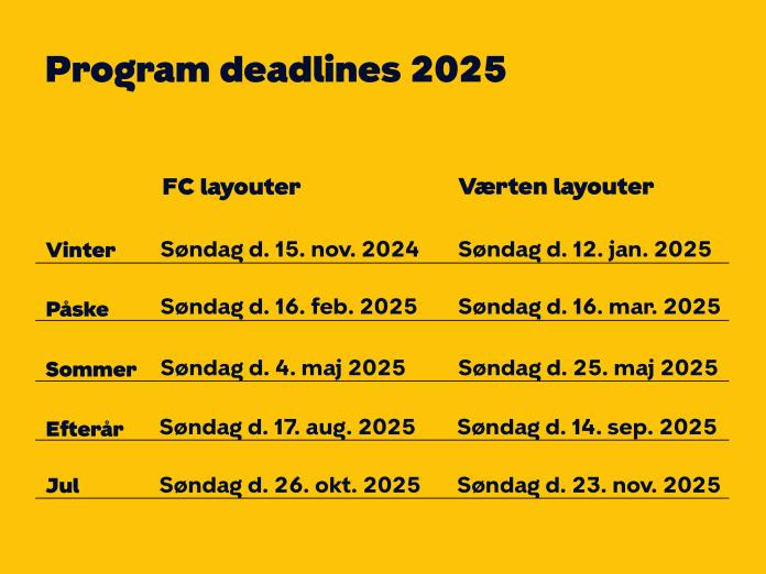 Billede med deadlines for programmer og layout 2025