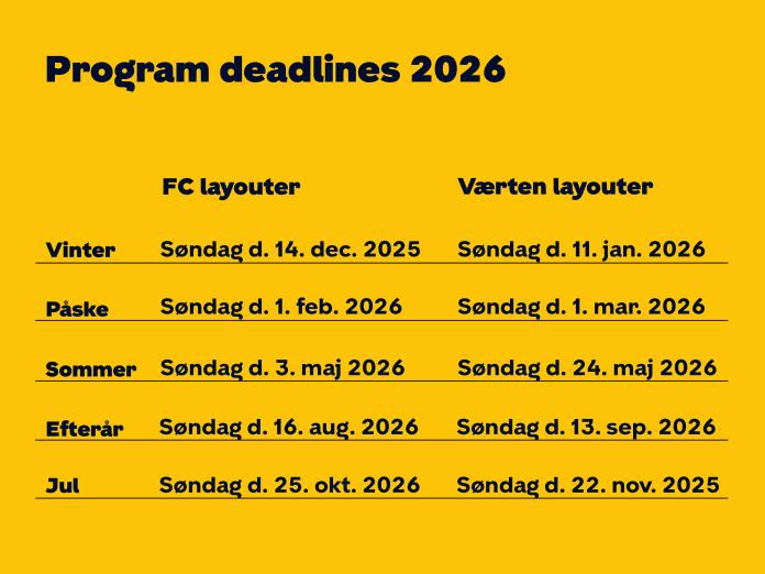 Billede med deadlines for programmer og layout 2026