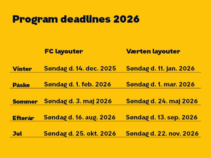 Billede med deadlines for programmer og layout 2026